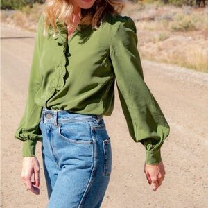 Sezane Chlo Shirt in Olive - Puff Sleeve Blouse